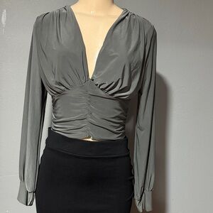 Ruched V-Neck Long Sleeve Crop Blouse in Slate Gray